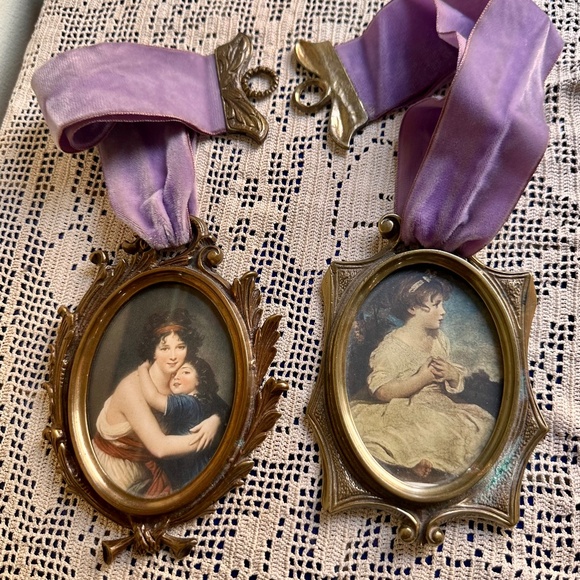 Pair Antique Brass PIcture Frames w/ Silk Portraits and Velvet Ribbons - Picture 1 of 12
